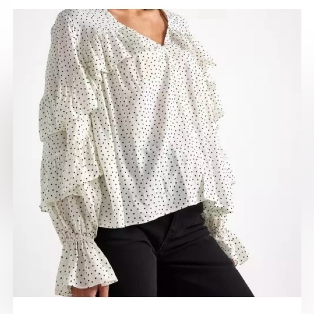 Style Rack White Polka Dot Ruffle Blouse – Size M – Sheer Tiered Long Sleeve